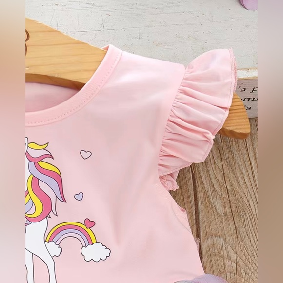 Baby Girls Cute Unicorn Graphic Design Mesh Short Sleeve Dress Clothes - Picture 3 of 8